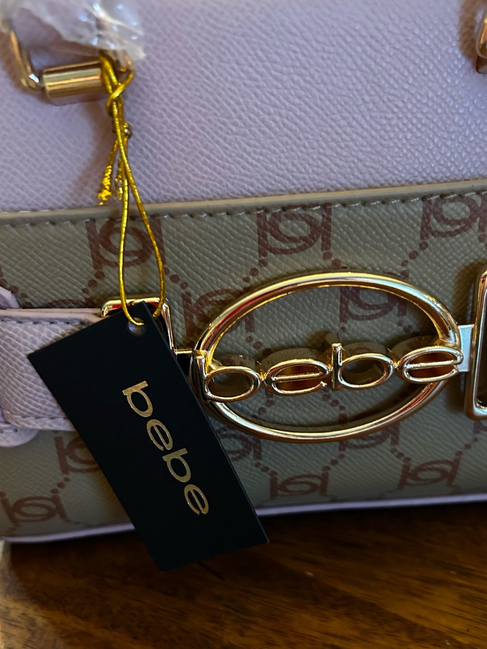 bebe Almond & Powder Pink Mini Satchel w/Gold Hardware Logo & Crossbody Strap - Picture 4 of 9